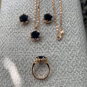 Blue and white sapphire complete jewelry set (pendant/chain, earrings & ring)